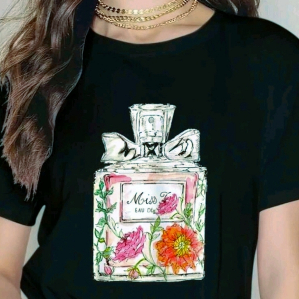 NEW XL Black T-Shirt - Floral Perfume Bottle Graphic